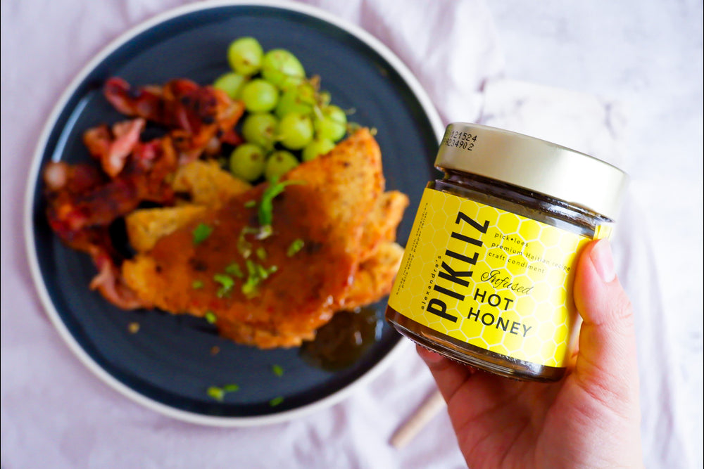 French Toast with Bacon served with Alexandra’s Pikliz Infused Hot Honey