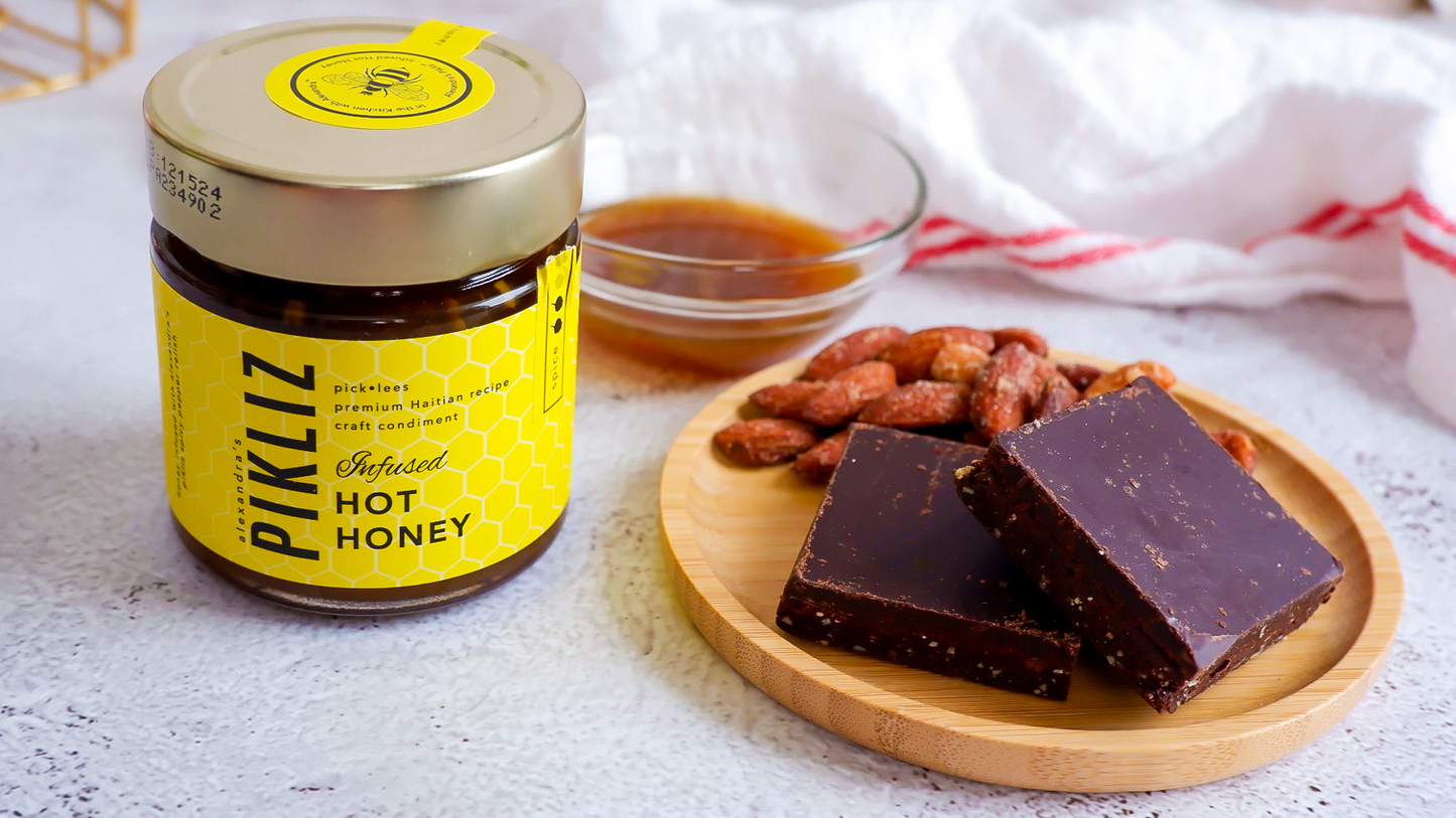 Home Made Chocolate Squares with Alexandra’s Hot Honey Pikliz