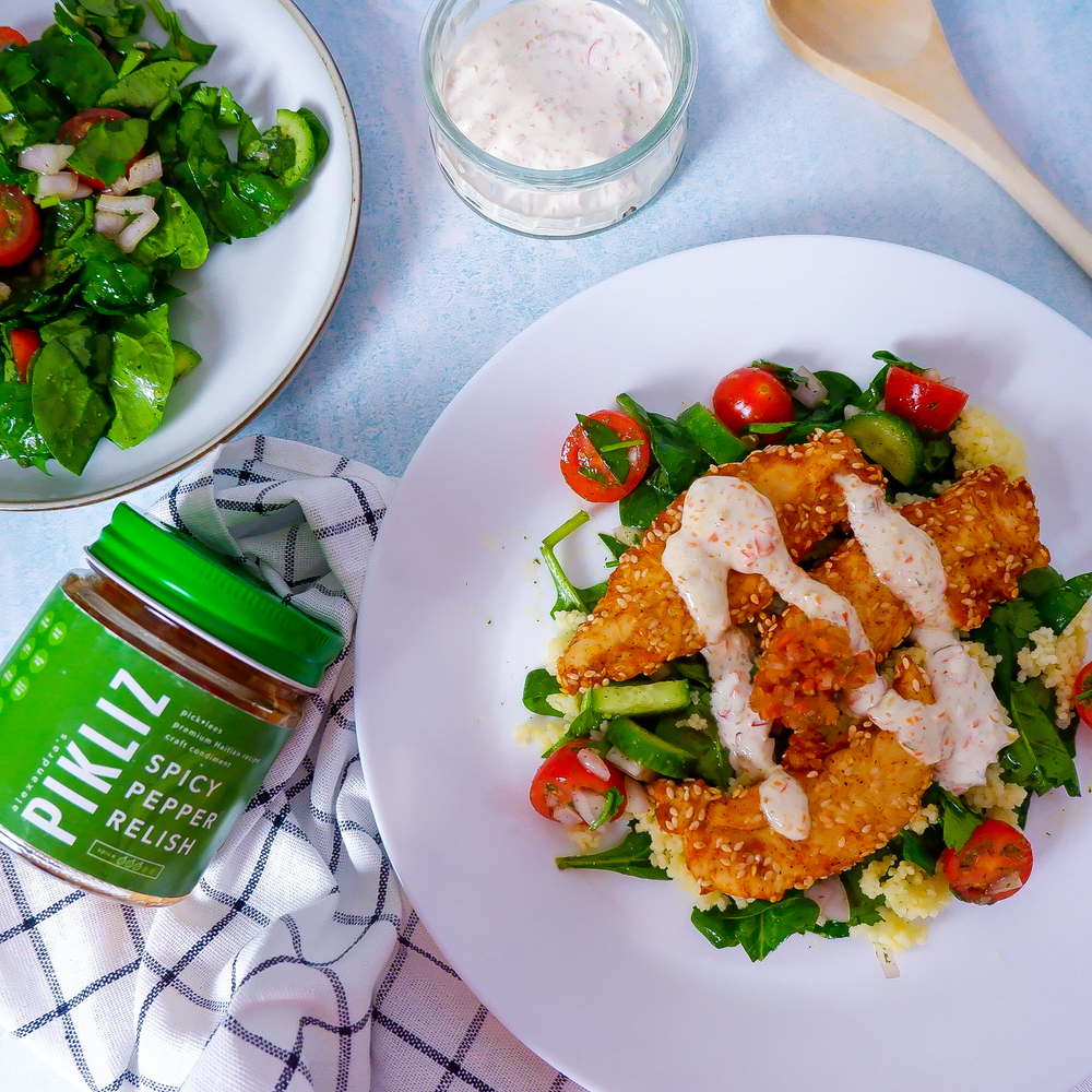 Sesame Chicken Tenders Salad with Alexandra’s Pikliz
