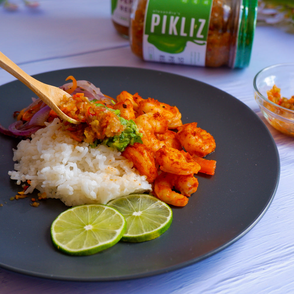 Chimichurri Shrimp with Rice and a touch of Alexandra's Pikliz.