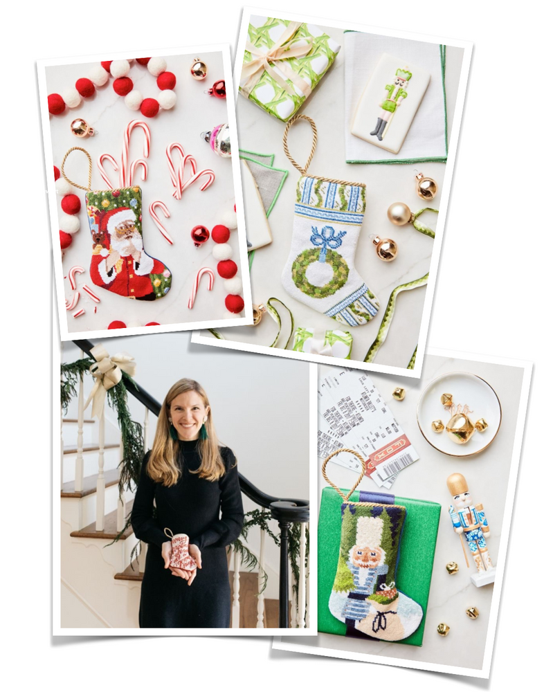 Kate Stewart, Founder of Bauble Stockings Bauble Stockings picture above; Jolly Old St. Nick, Holiday Trimmings by Dogwood Hill™️ Designed by Holly Hollon, and Winter Solstice Nutcracker