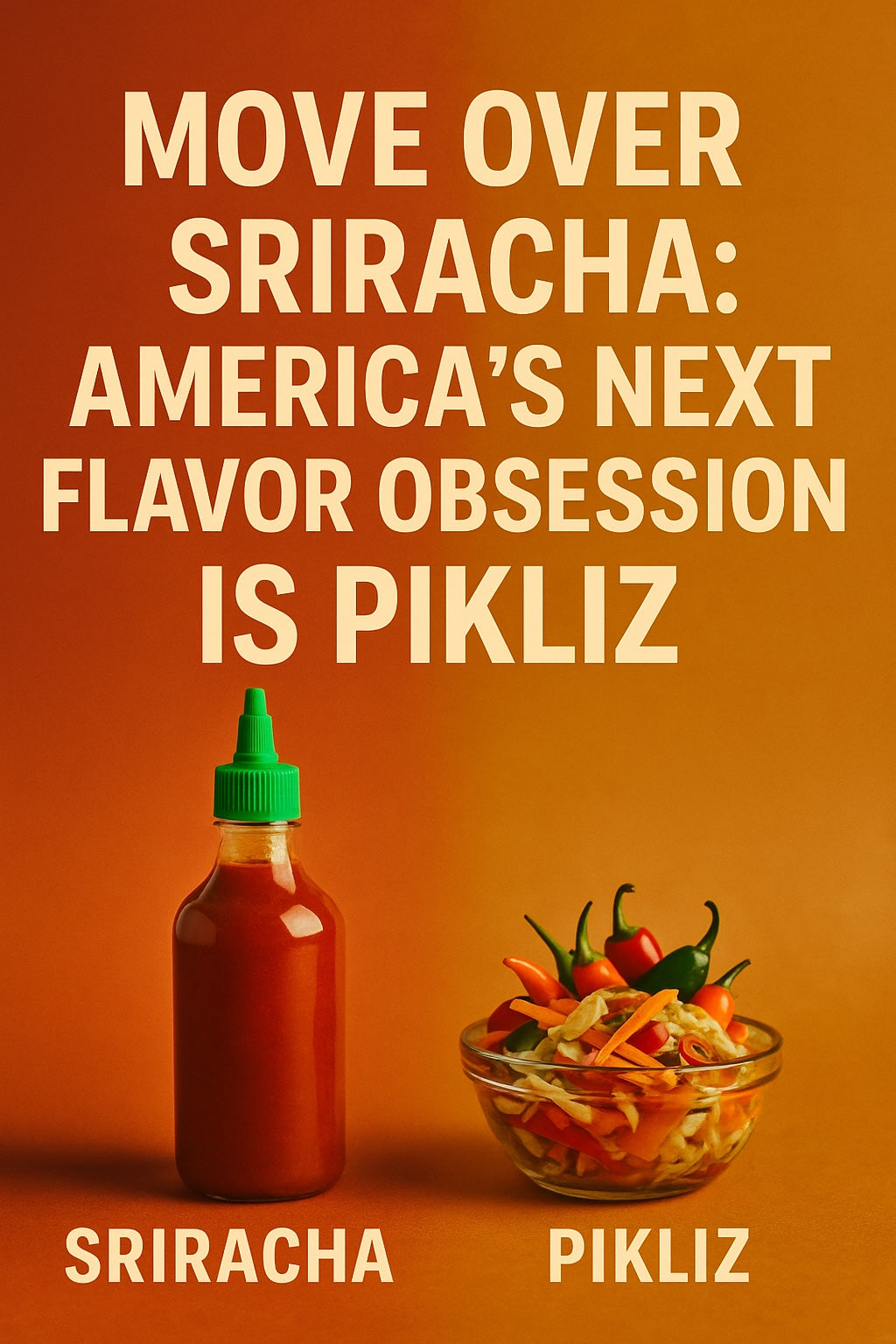 Sriracha bottle beside a vibrant bowl of Haitian Pikliz with the headline ‘Move Over Sriracha: America’s Next Flavor Obsession Is Pikliz,’ symbolizing the rise of a new global flavor trend