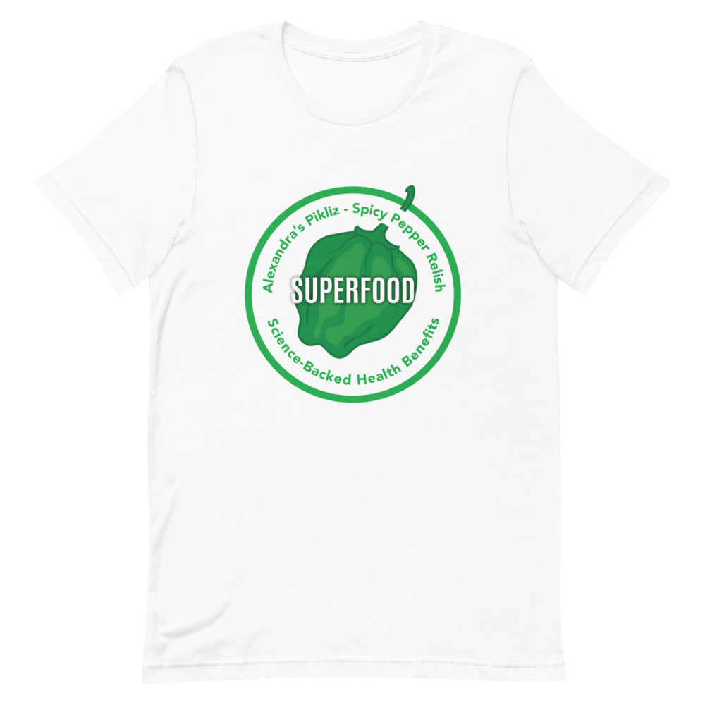 
                  
                    Unleash your love for superfoods with Alexandra's Pikliz Superfood white t-shirt
                  
                